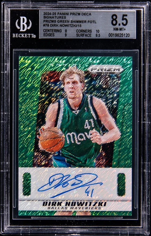 2024-25 Panini Prizm Dirk Nowitzki Deca Signatures Prizm Green Shimmer FOTL #PDS-NOW card image