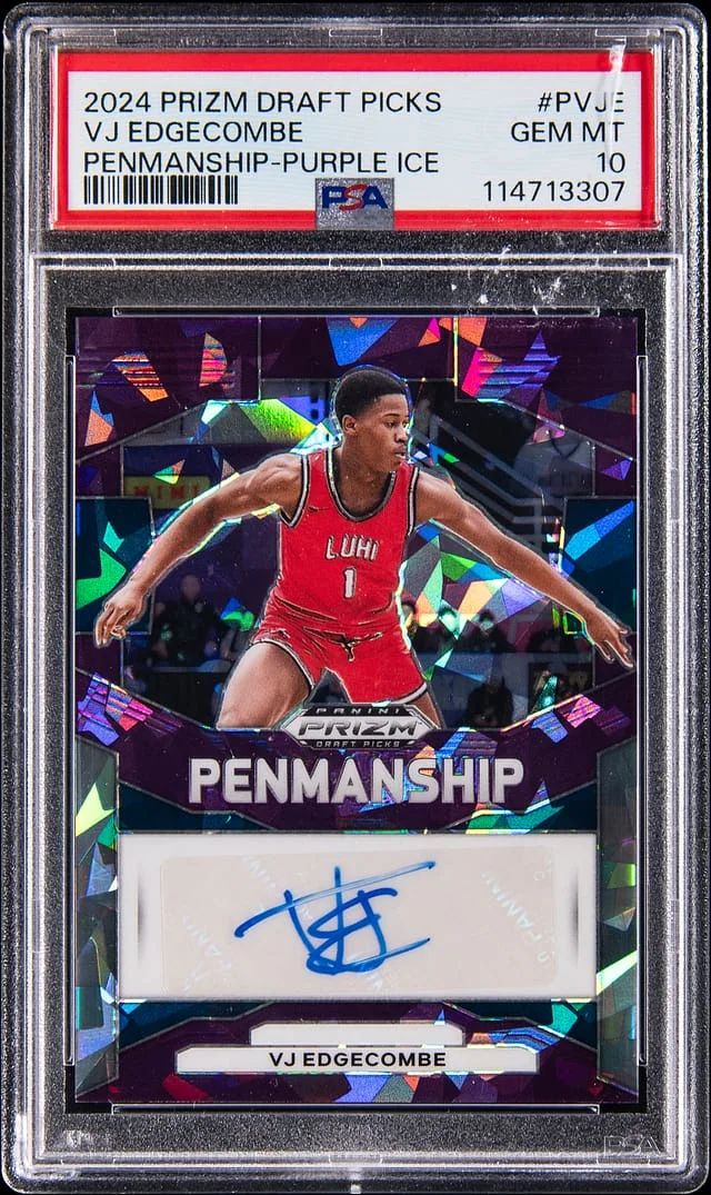 2024-25 Panini Prizm Draft Picks V.J. Edgecombe Penmanship Blue Ice Prizm #P-VJE card image