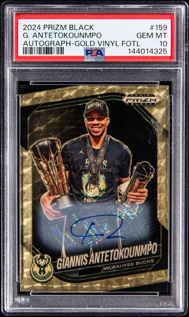 2024-25 Panini Prizm Giannis Antetokounmpo Black Autograph Gold Vinyl FOTL #159 card image