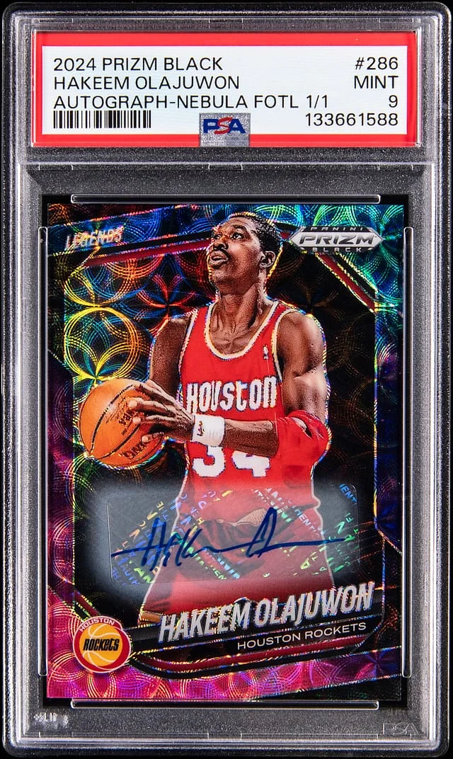 2024-25 Panini Prizm Hakeem Olajuwon Black Autograph Nebula First Off The Line (FOTL) #286 card image