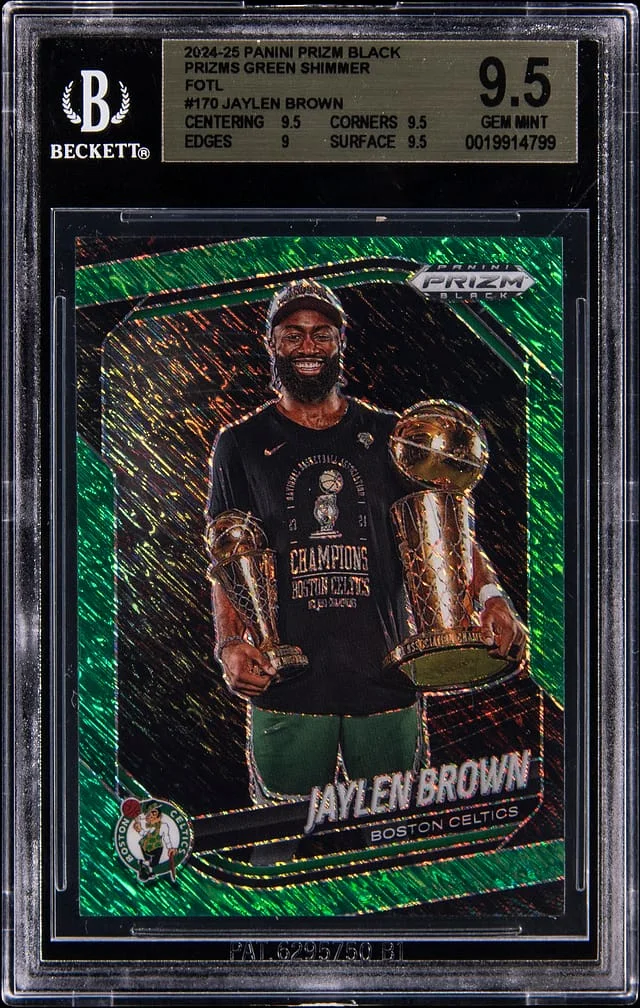 2024-25 Panini Prizm Jaylen Brown Black Prizms Green Shimmer First off the Line (FOTL) #170 card image