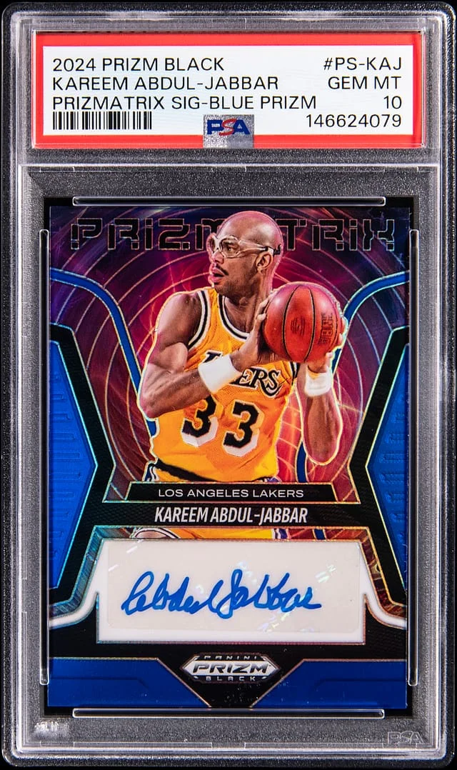 2024-25 Panini Prizm Kareem Abdul-Jabbar Black Prizmatrix Signature-Blue Prizm #PS-KAJ card image
