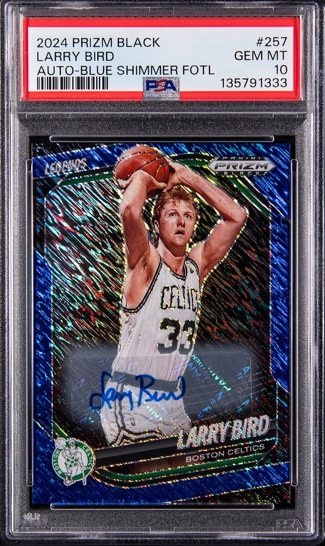 2024-25 Panini Prizm Larry Bird Black Autograph Blue Shimmer FOTL #257 card image