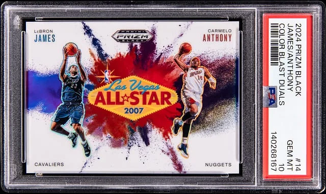 2024-25 Panini Prizm LeBron James/Carmelo Anthony Black Color Blast Duals #14 card image