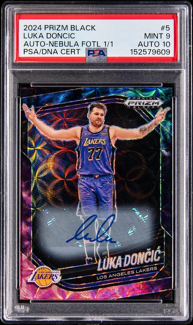2024-25 Panini Prizm Luka Doncic Black Autographs Nebula FOTL Prizm #5 card image