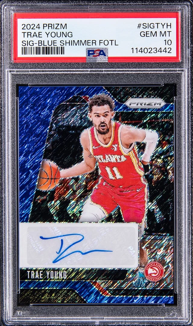 2024-25 Panini Prizm Trae Young Signatures Blue Shimmer FOTL #SIG-TYH card image