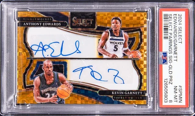2024-25 Panini Select Anthony Edwards/Kevin Garnett Select Pairings Signatures Gold Prizm #SP-MIN card image