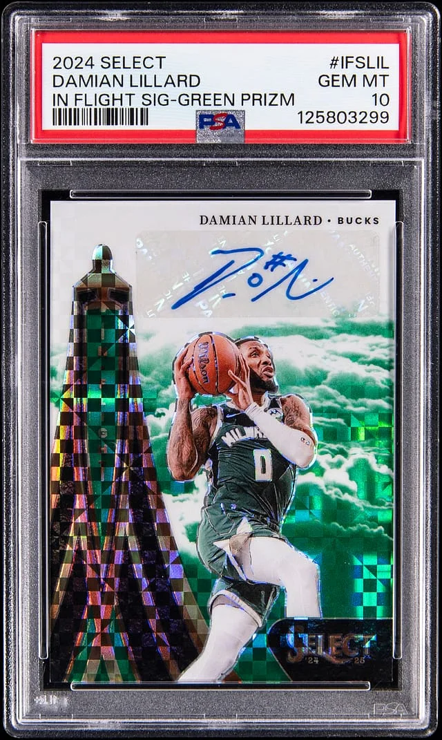 2024-25 Panini Select Damian Lillard In Flight Signatures Green Prizm #IFS-LIL card image