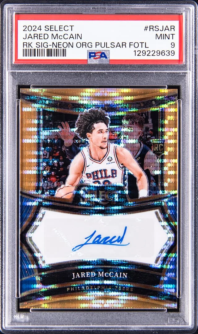 2024-25 Panini Select Jared McCain Signatures Neon Orange Pulsar Prizm 1st Off the Line (FOTL) #RS-JAR card image