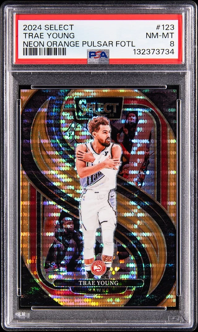 2024-25 Panini Select Trae Young Neon Orange Pulsar First Off The Line (FOTL) #123 card image