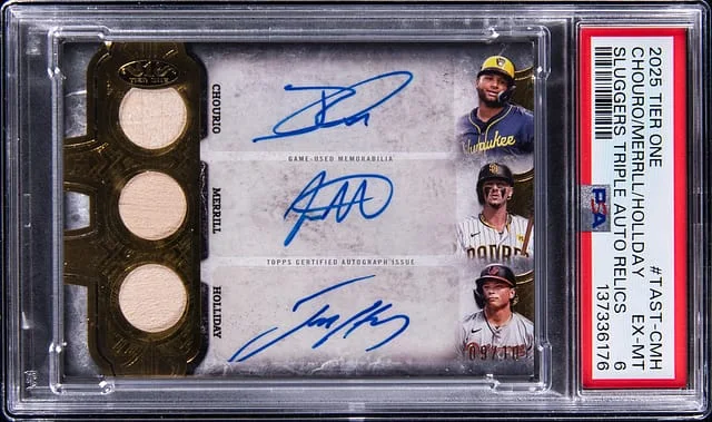 2024-25 Topps Chourio/Merrill/Holliday Multi-Signed Tier One Sluggers Triple Autograph Relics #TAST-CMH card image