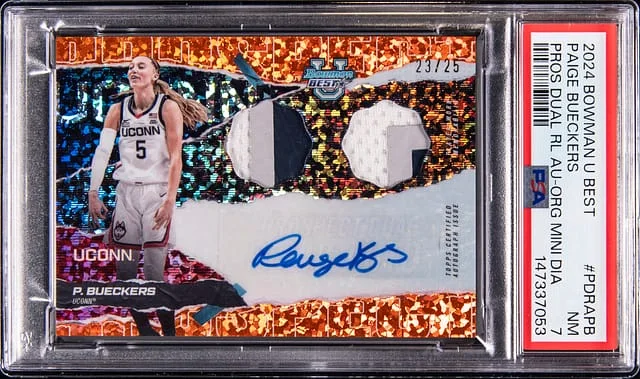 2024-25 Topps Paige Bueckers Bowman U Best Prospect Dual Relic Autographs Orange Mini Diamond #PDRA-PB card image