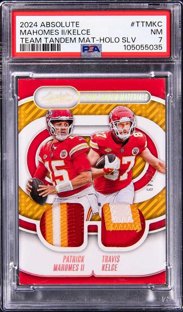 2024 Absolute Patrick Mahomes II/Travis Kelce Multi-Patch Team Tandem Materials-Hologram Silver #TTMKC card image