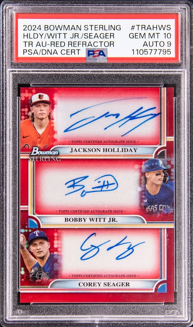 2024 Bowm Sterling Triple Autograph Red Refractor Jackson Holliday/Bobby Witt Jr./ Corey Seager Multi-Signed #TRA-HWS card image