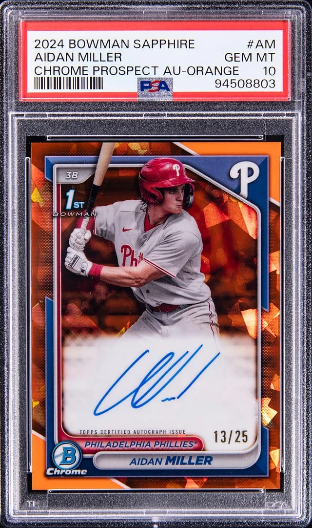 2024 Bowman Aidan Miller Sapphire Edition Chrome Prospect Autographs Gold #BSPA-AM card image