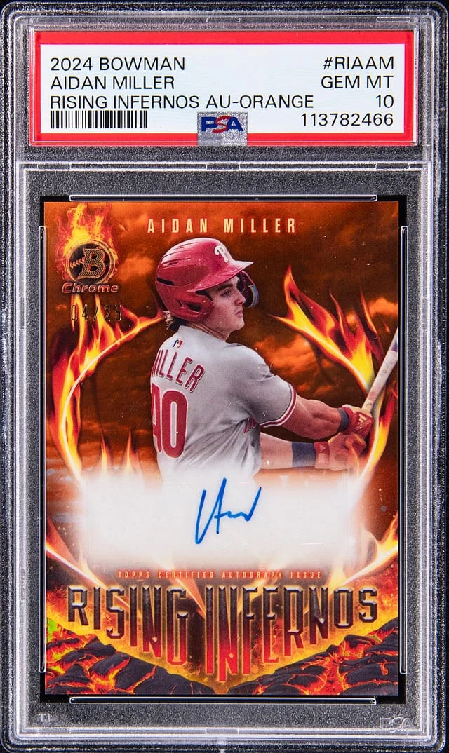 2024 Bowman Aidan Miller Rising Infernos Autograph-Orange #RIAAM card image