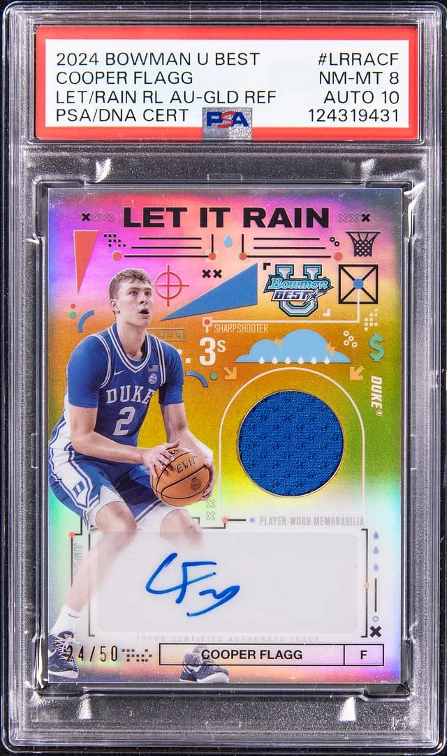 2024 Bowman Best Cooper Flagg Let it Rain Relic Autograph Gold Refractor #LRRACF card image
