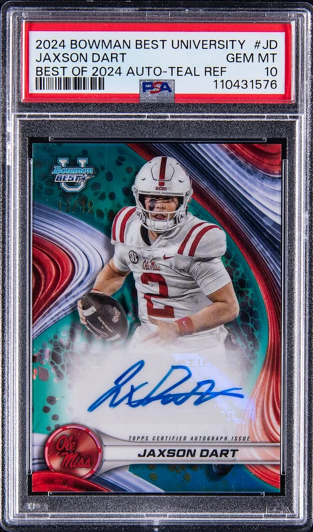 2024 Bowman Best Jaxson Dart University Best of 2024 Autograph Green Mini Diamond #BOA-JD card image
