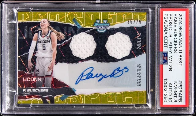 2024 Bowman Best Paige Bueckers Prospect Dual Relic Autograph Yellow Lazer #PDRA-PB card image