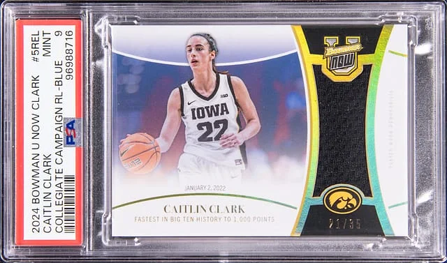 2024 Bowman Caitlin Clark U Now Clark Collegiate Campaign Relic Blue #5-Rel card image