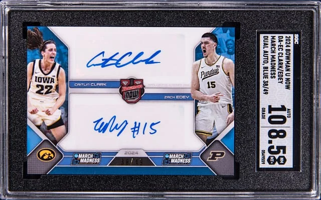2024 Bowman Caitlin Clark/Zach Edey U Now March Madness Dual Auto Blue #DA-EC card image