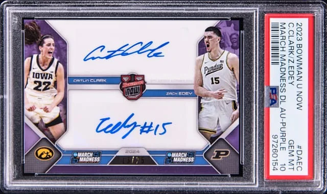 2024 Bowman Caitlyn Clark/Zach Edey U Now March Madness Dual Autographs Purple #DA-EC card image