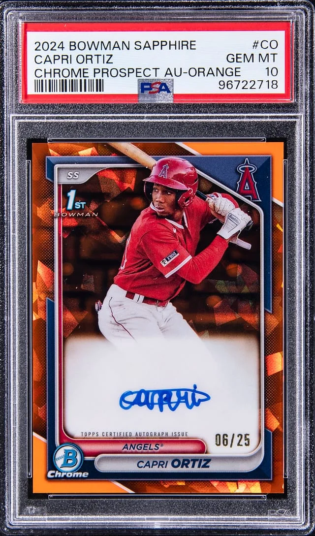 2024 Bowman Capri Ortiz Sapphire Chrome Prospect Autograph Orange #BSPA-CO card image