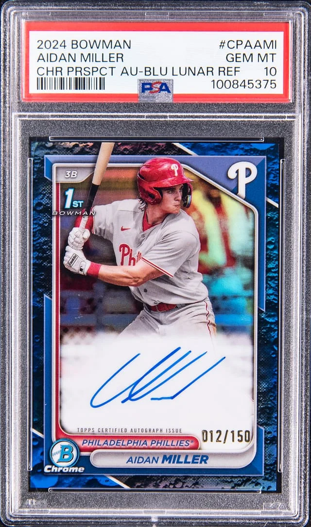 2024 Bowman Chrome Aidan Miller Prospect Autographs Lunar Blue Lunar Refractor #CPA-AMI card image