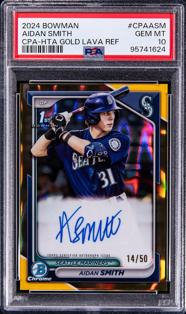 2024 Bowman Chrome Aidan Smith Prospect Autograph HTA Gold Lava Refractor #CPAASM card image