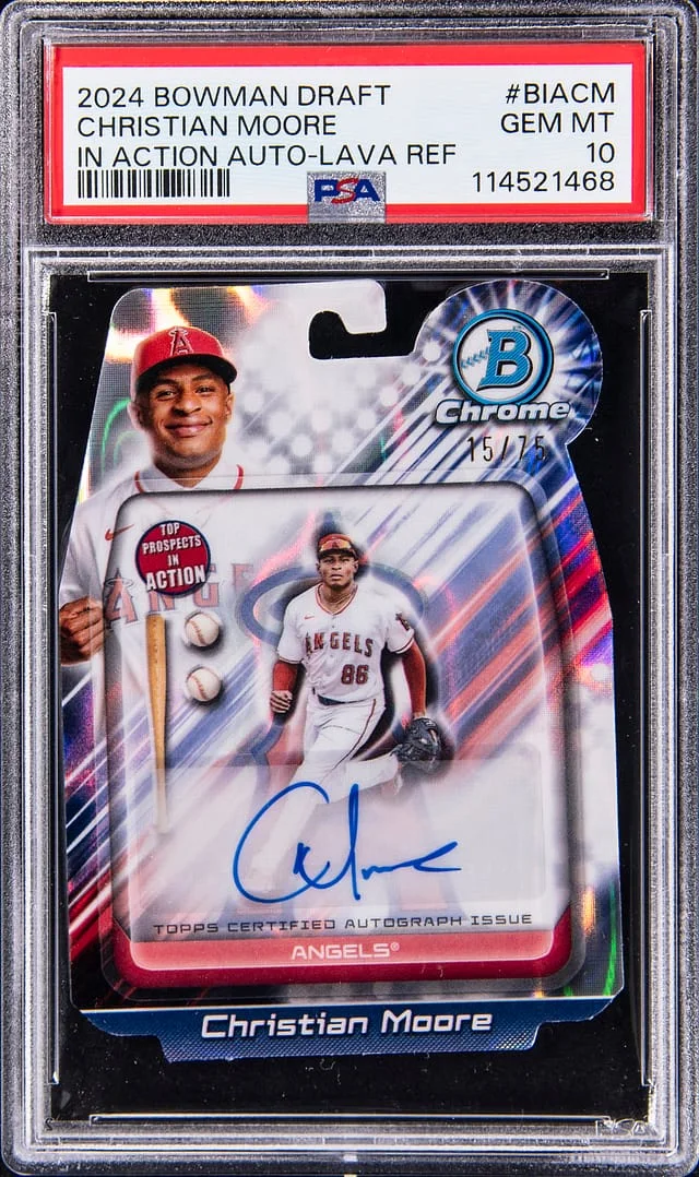 2024 Bowman Chrome Draft Christian Moore In Action Autograph Lava Refractor #BIA-CM card image