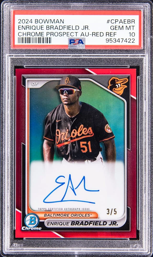 2024 Bowman Chrome Enrique Bradfield Jr. Chrome Prospects Autograph Red Refractor #CPAEBR card image