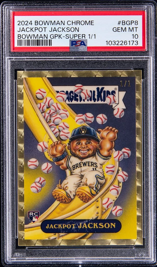 2024 Bowman Chrome Jackpot Jackson Chourio Bowman Garbage Pail Kids SuperFractor #BGP-8 card image