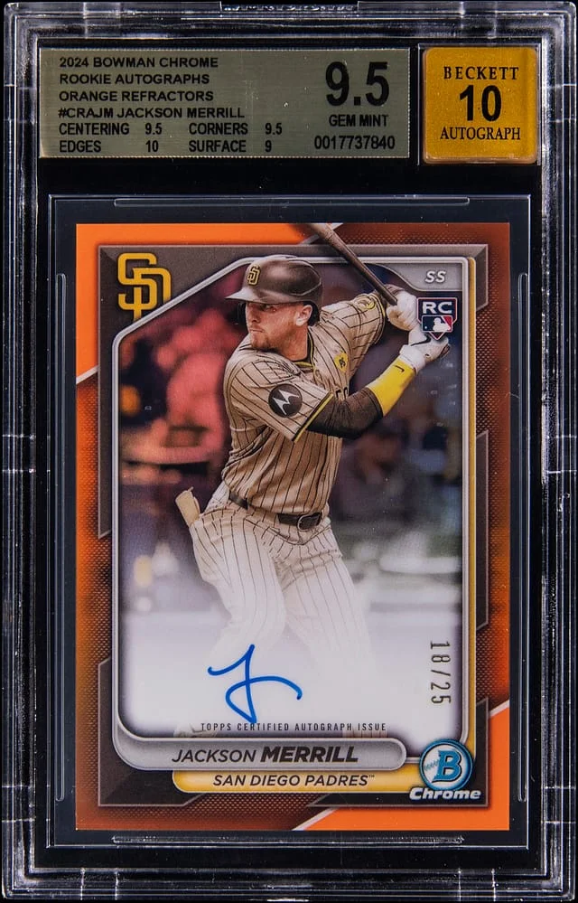 2024 Bowman Chrome Jackson Merrill Autographs Orange Refractor #CRA-JM card image