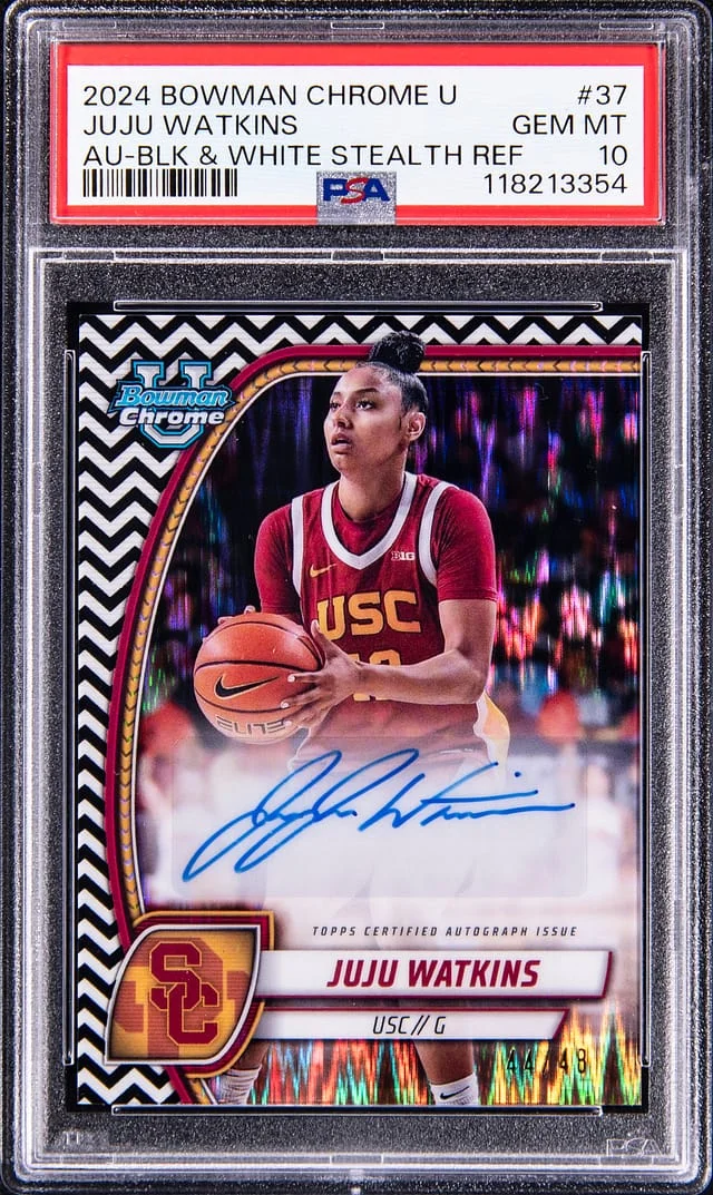 2024 Bowman Chrome Juju Watkins U Autograph Black & White Stealth Refractor #37 card image