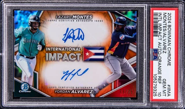 2024 Bowman Chrome Lazaro Montes/Yordan Alvarez Dual International Impact Autograph Orange Refractor #II-MA card image