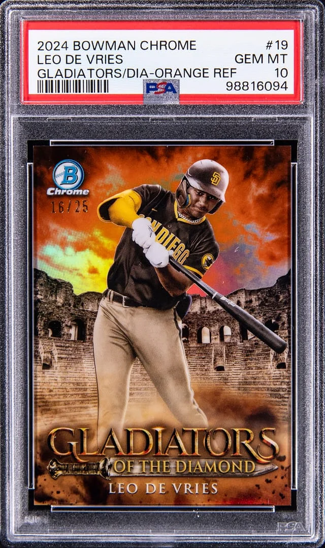 2024 Bowman Chrome Leo De Vries Gladiators of the Diamond Orange Refractor #19 card image