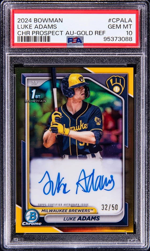 2024 Bowman Chrome Luke Adams Prospect Autograph Gold Refractor #CPALA card image