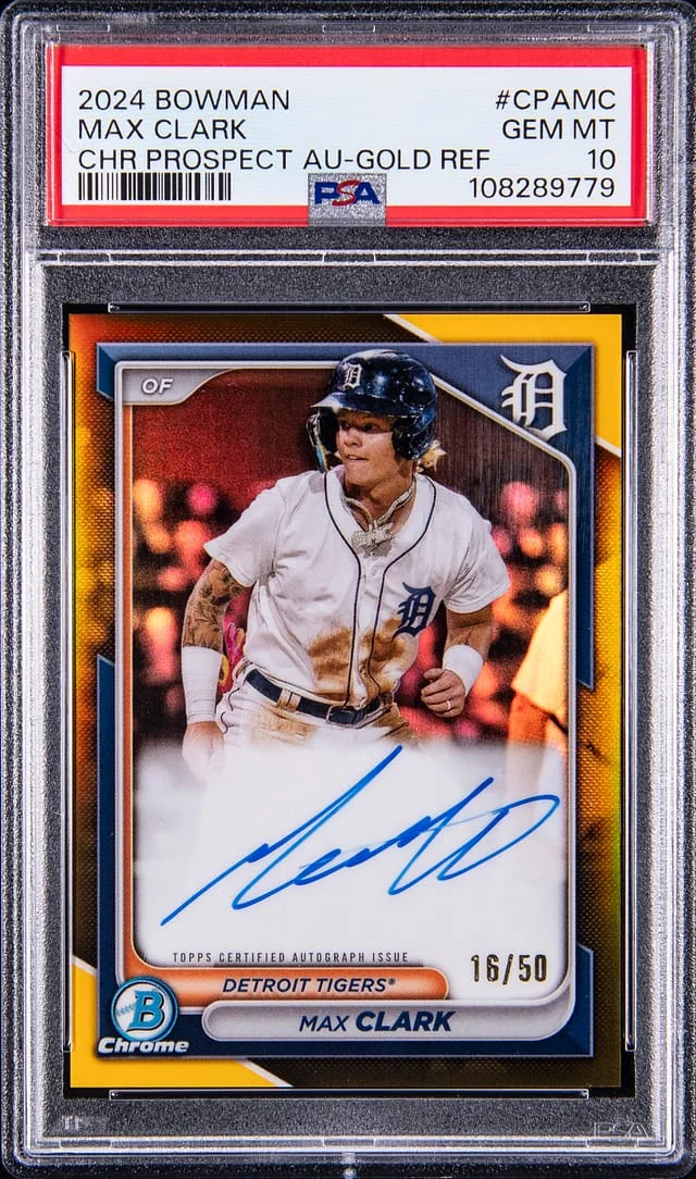 2024 Bowman Chrome Max Clark Prospect Autographs Gold Refractor #CPA-MC card image