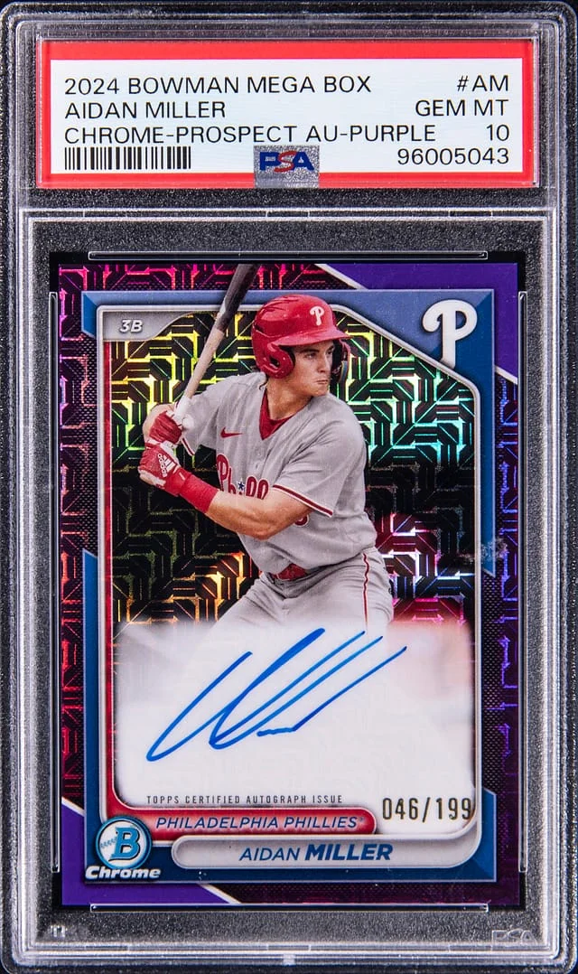 2024 Bowman Chrome Mega Box Aidan Miller Prospect Autograph Purple Refractor #AM card image