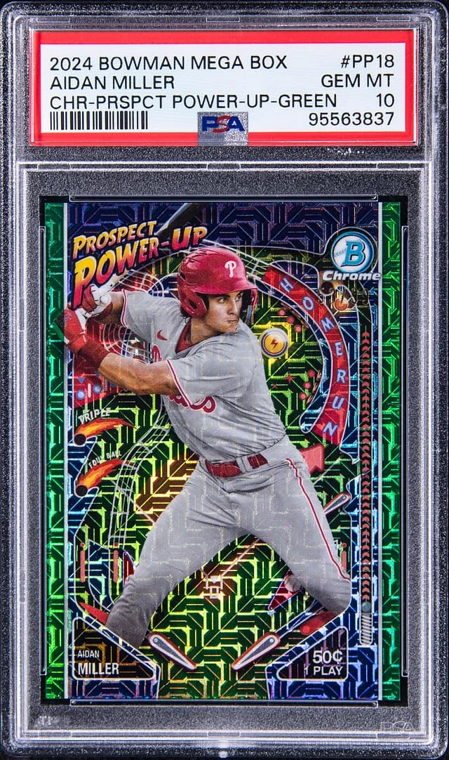 2024 Bowman Chrome Prospects Aidan Miller Mega Box Power Up Green Refractor #PP18 card image