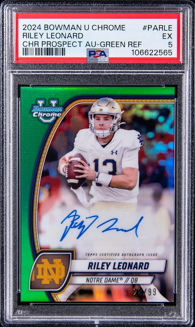 2024 Bowman Chrome Riley Leonard U Prospect Autograph Green Refractor #PA-RLE card image