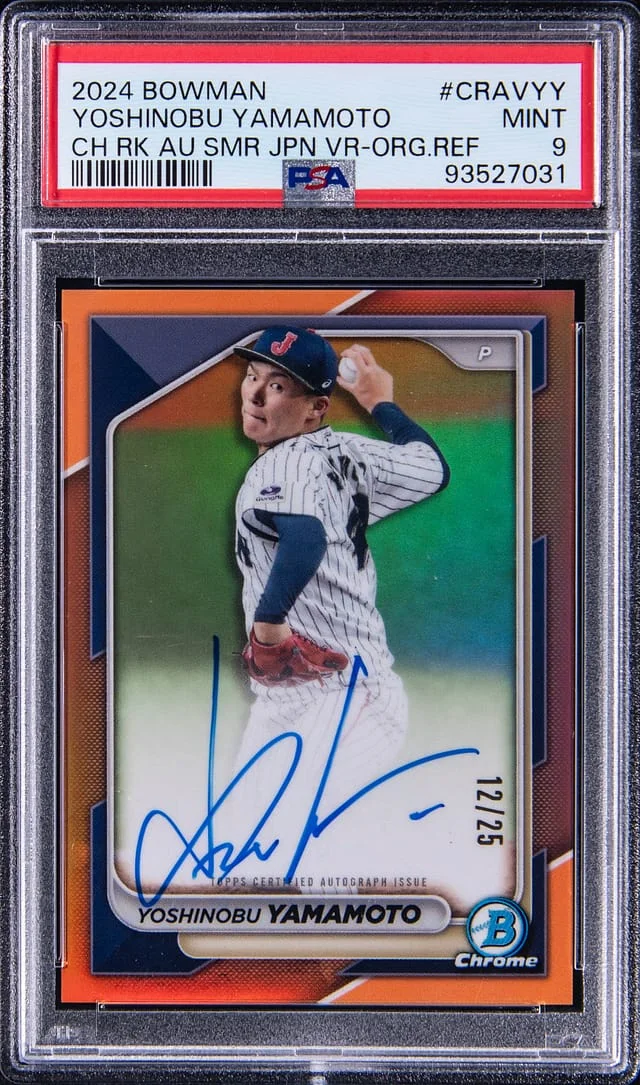2024 Bowman Chrome Yoshinobu Yamamoto Autograph Samurai Japan Variation Orange Refractor #CRAV-YY card image