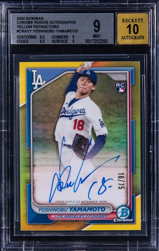 2024 Bowman Chrome Yoshinobu Yamamoto Autographs Yellow Refractors #CRAYY card image