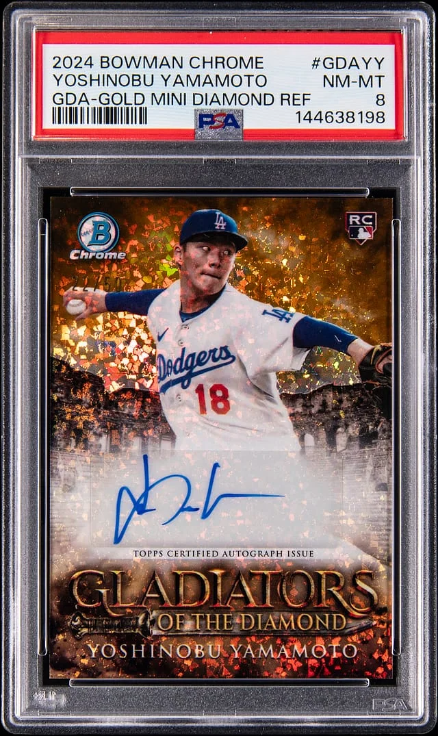 2024 Bowman Chrome Yoshinobu Yamamoto Gladiators of The Diamond Autograph Gold Mini Diamond Refractor #GDA-YY card image