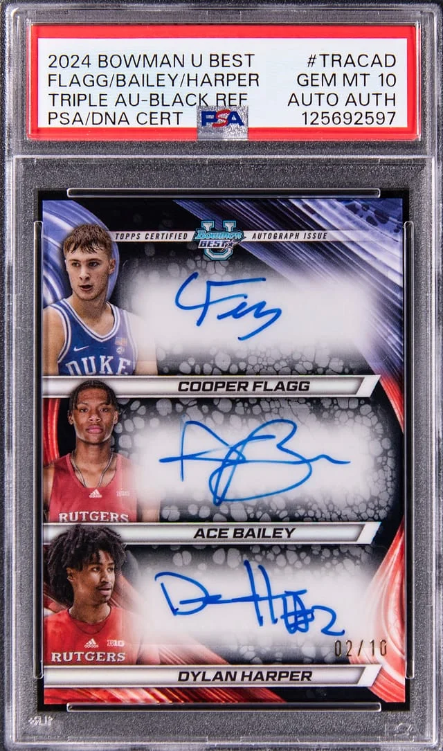 2024 Bowman Cooper Flagg/Ace Bailey/Dylan Harper Multi-Signed U Best Triple Autographs Black Refractor #TRA-CAD card image