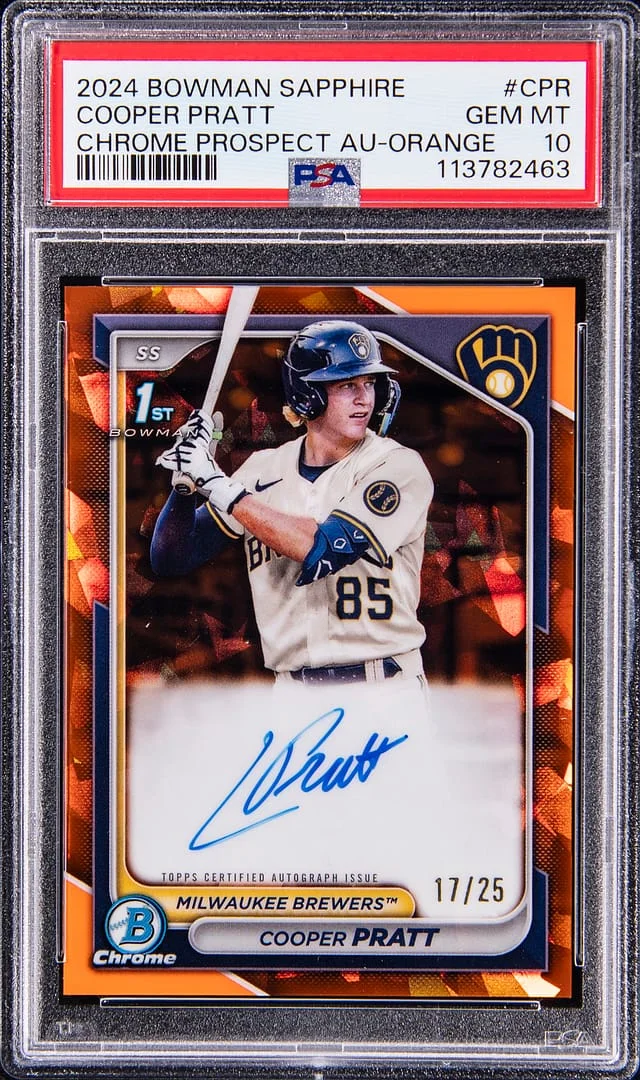 2024 Bowman Cooper Pratt Sapphire Chrome Prospect Autograph-Orange #CPR card image