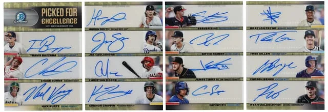 2024 Bowman Draft Bazzana/Burns/Kurtz/Smith/Caglianone/Moore/Griffin/King/Rainer/Tibbs III/Smith/Payne/Gillen/Benge/Waldschmidt Multi-Signed Picked For Excellence Autographs SuperFractor #PICK-EAB2 card image