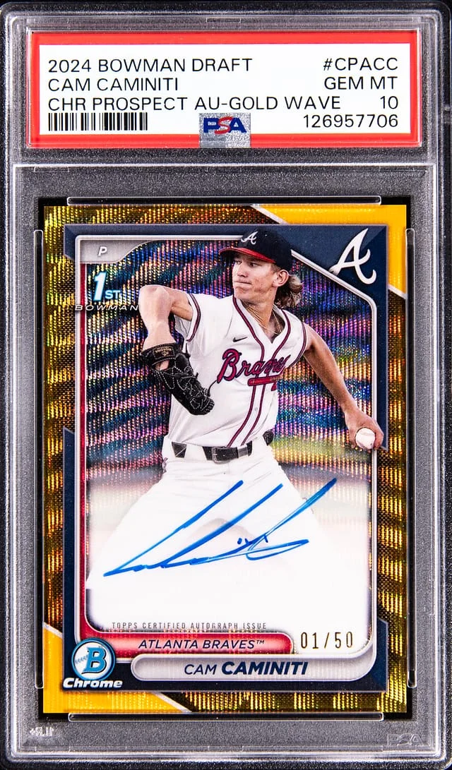 2024 Bowman Draft Cam Caminiti Chrome Prospect Autographs Gold Wave #CPA-CC card image