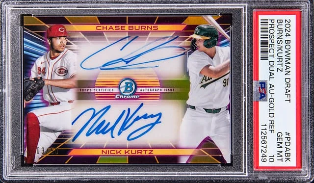 2024 Bowman Draft Chase Burns, Nick Kurtz Prospect Dual Autograph-Gold Refractor #PDABK card image