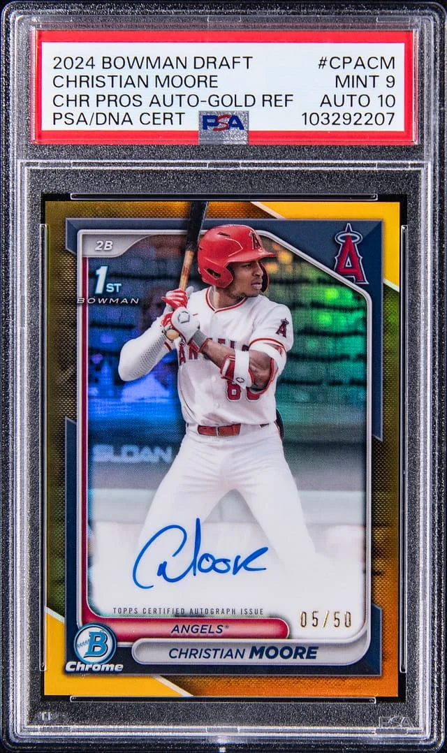 2024 Bowman Draft Christian Moore Chrome Prospects Autograph Black X-Fractor #CPACM card image
